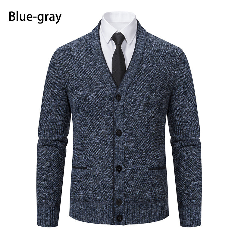 Herren melierter Strukturstrick-Cardigan mit V-Ausschnitt, Kontrastkanten und aufgesetzten Taschen Nord Taschen
