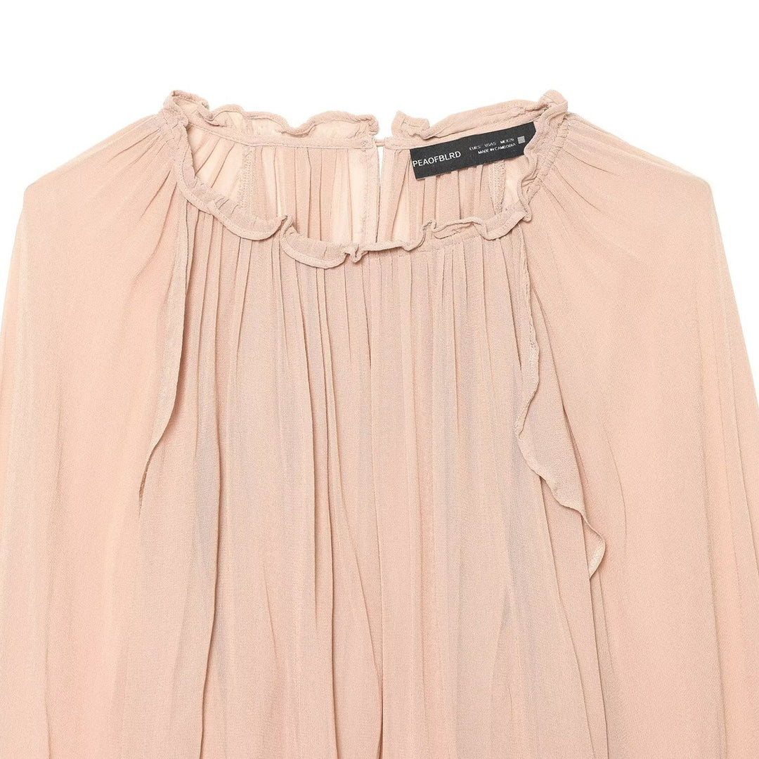 Damen Plissierte Chiffon-Bluse mit Rüschkragen und Ballonärmeln Nord Taschen