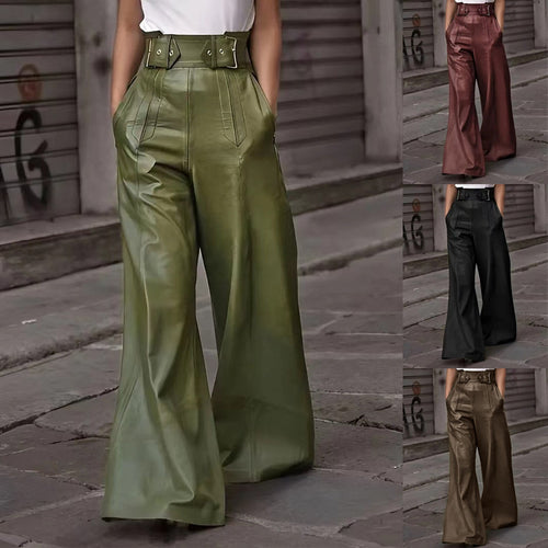 Damen weite High-Waist Palazzo-Hose aus Lederimitat mit Breitbund Nord Taschen
