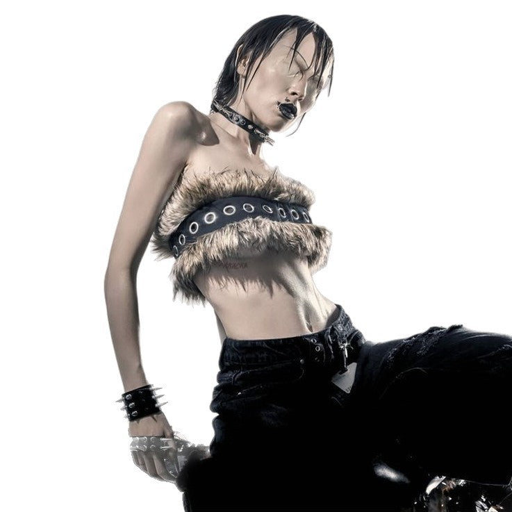 Damen Cropped Bandeau-Top mit Kunstfellbesatz, Ösenlederband und Gothic‑Punk‑Details Nord Taschen