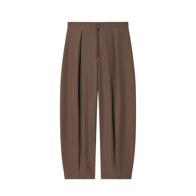 Damen weite Cropped-Hose mit hoher Taille, Kellerfalten und sichtbarem Frontreißverschluss Nord Taschen