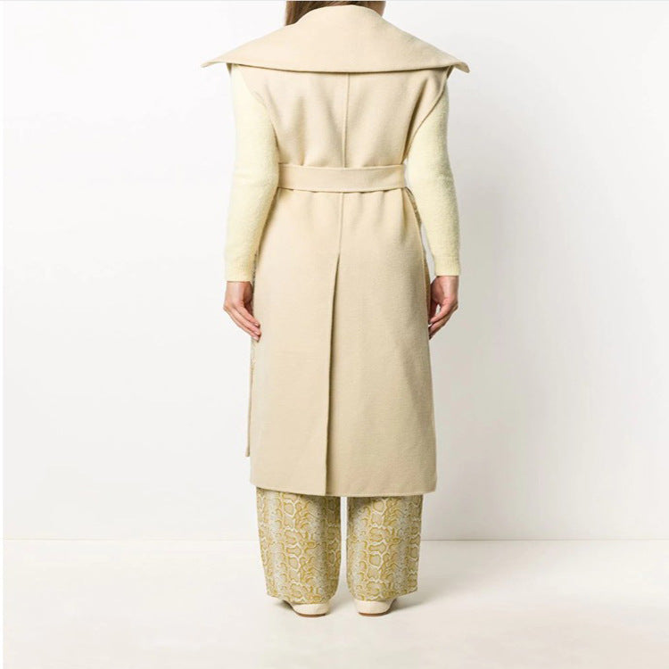 Damen Ärmelloses tailliertes Wollmix-Gilet mit breitem Schalkragen und Bindegürtel Nord Taschen