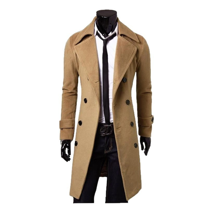 Herren taillierter zweireihiger Trenchcoat aus Wollmix mit klassischem Revers und Rückenschlitz Nord Taschen