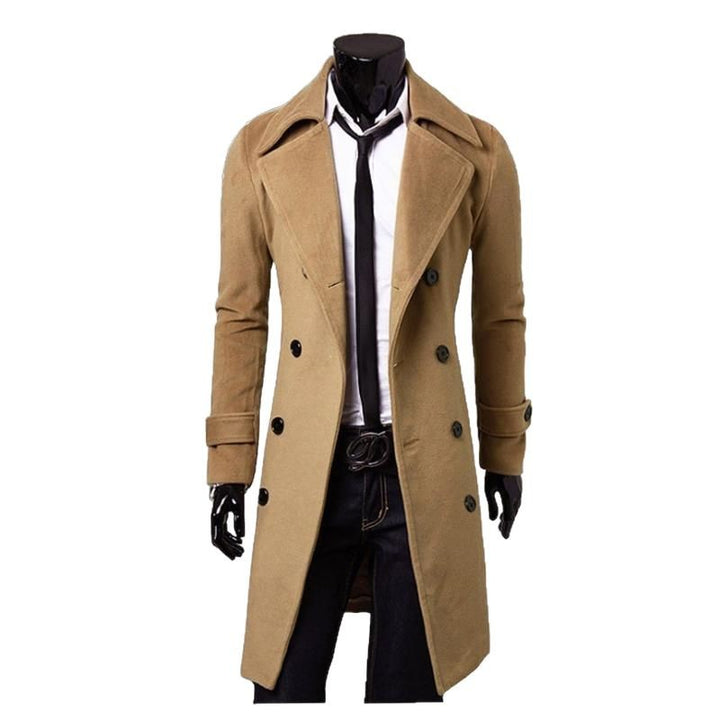 Herren taillierter zweireihiger Trenchcoat aus Wollmix mit klassischem Revers und Rückenschlitz Nord Taschen