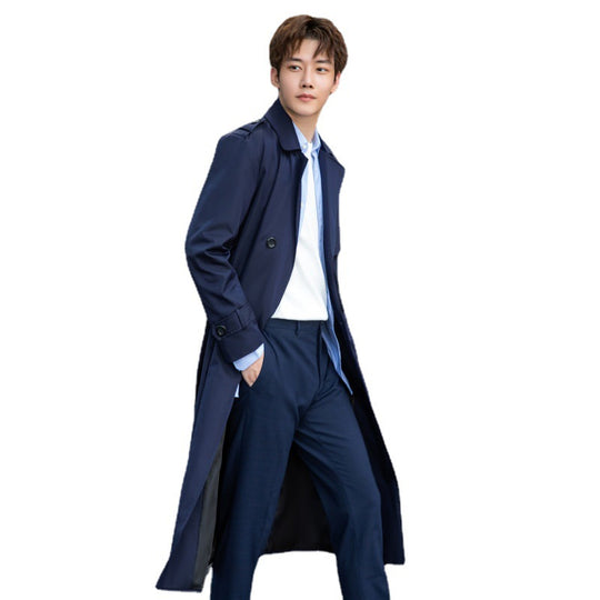 Herren langer doppelreihiger Trenchcoat mit Sturmklappe und D-Ring-Details Nord Taschen