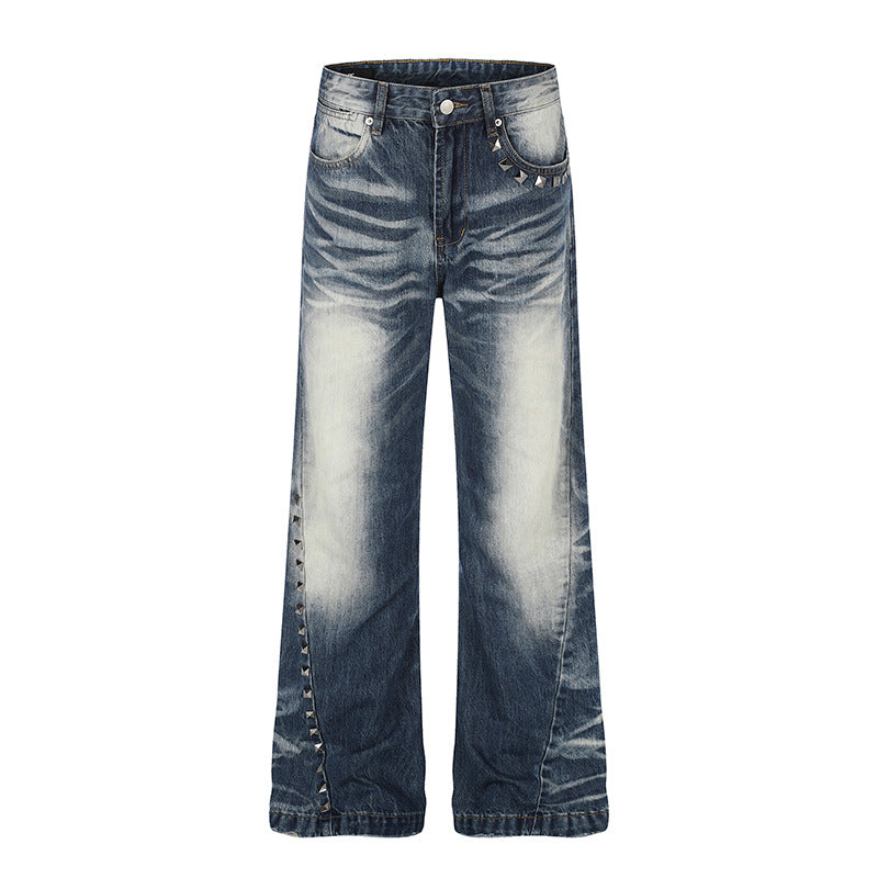 Damen Hochtaillierte weite Schlagjeans mit Used‑Waschung und Nietenbesatz Nord Taschen