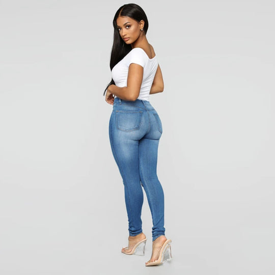 Damen High-Waist Skinny-Jeans mit Knie-Rissen und figurformendem Schnitt Nord Taschen