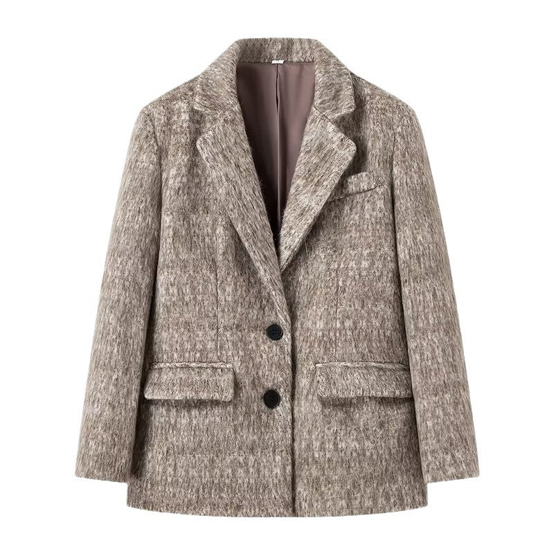 Damen Boxy Wollmix-Blazer-Mantel mit Bouclé‑Struktur, Reverskragen und Pattentaschen Nord Taschen