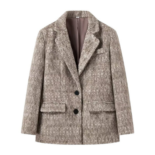Damen Boxy Wollmix-Blazer-Mantel mit Bouclé‑Struktur, Reverskragen und Pattentaschen Nord Taschen