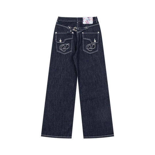Damen Weite High‑Waist-Jeans im Palazzo-Schnitt mit Ziernaht und Blumen-Taschenfutter Nord Taschen