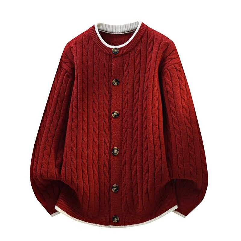 Damen Oversize Zopfstrick-Cardigan mit Rundhalsausschnitt, Holzknopfleiste & Kontrastbesatz Nord Taschen