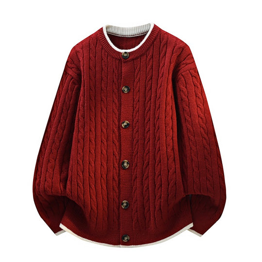 Damen Oversize Zopfstrick-Cardigan mit Rundhalsausschnitt, Holzknopfleiste & Kontrastbesatz Nord Taschen