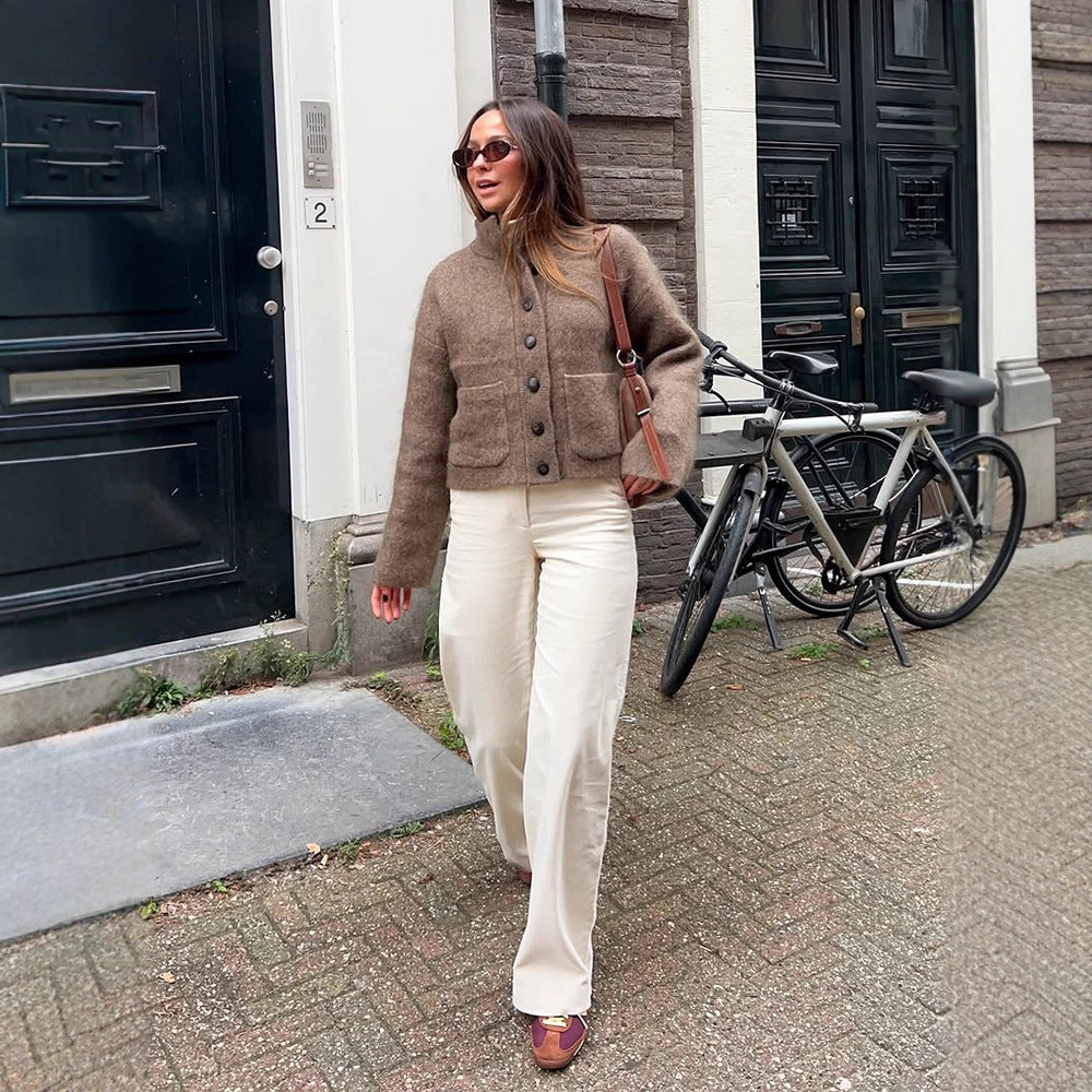 Damen Kurzjacke aus flauschigem Mohair‑Mix mit Knopfleiste & aufgesetzten Taschen Nord Taschen