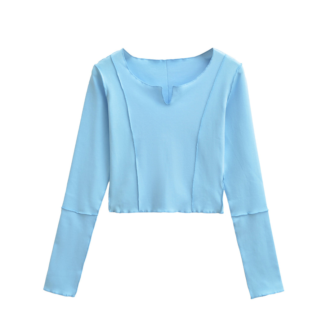 Damen Kurzes Langarmshirt mit sichtbaren Rollnähten und Notch-Ausschnitt Nord Taschen