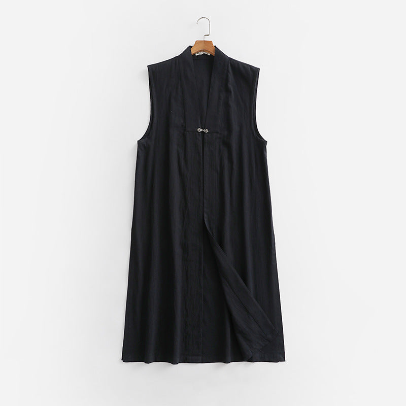 Damen Langer ärmelloser Kimono-Weste aus Leinenmix mit schmaler Schalkante und dekorativem Knebelverschluss Nord Taschen