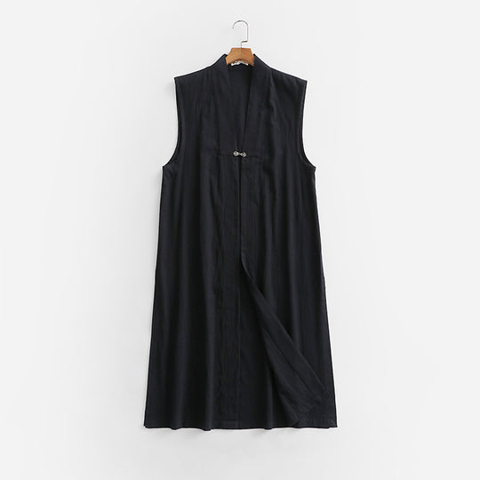 Damen Langer ärmelloser Kimono-Weste aus Leinenmix mit schmaler Schalkante und dekorativem Knebelverschluss Nord Taschen