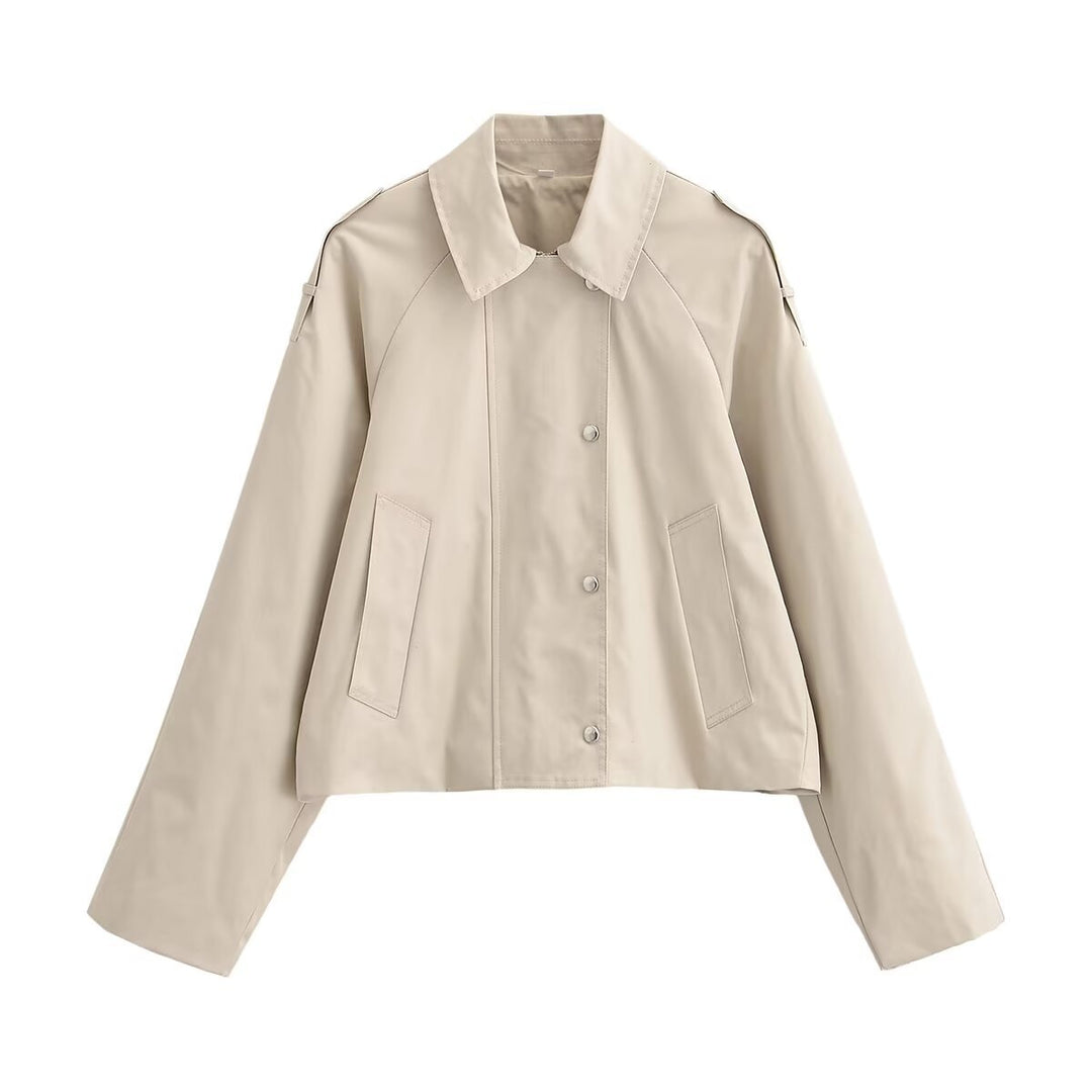 Damen Cropped Trenchjacke im Boxy‑Schnitt mit Schulterklappen und Druckknöpfen Nord Taschen
