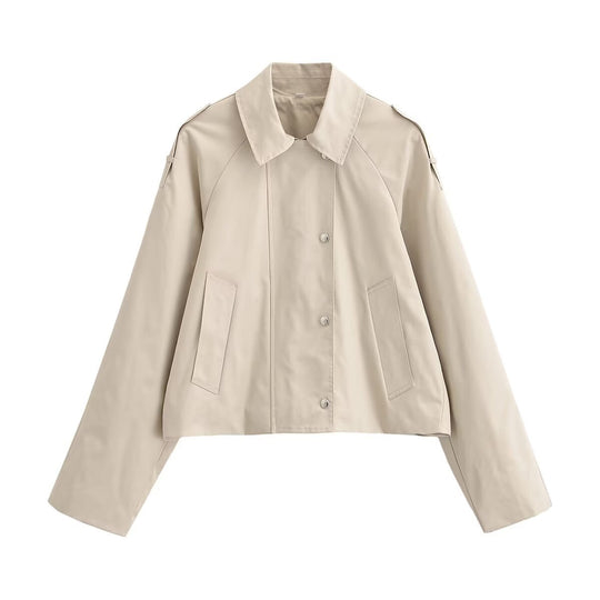 Damen Cropped Trenchjacke im Boxy‑Schnitt mit Schulterklappen und Druckknöpfen Nord Taschen