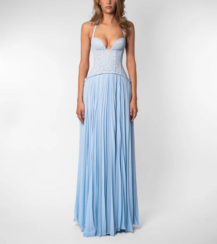 Damen nan Neckholder-Korsettkleid mit Spitzen-Corsage und fließendem Plisseerock