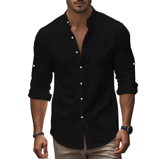 Herren Langarm-Hemd mit modernem Henley-Kragen und kontrastierenden Knopfdetails