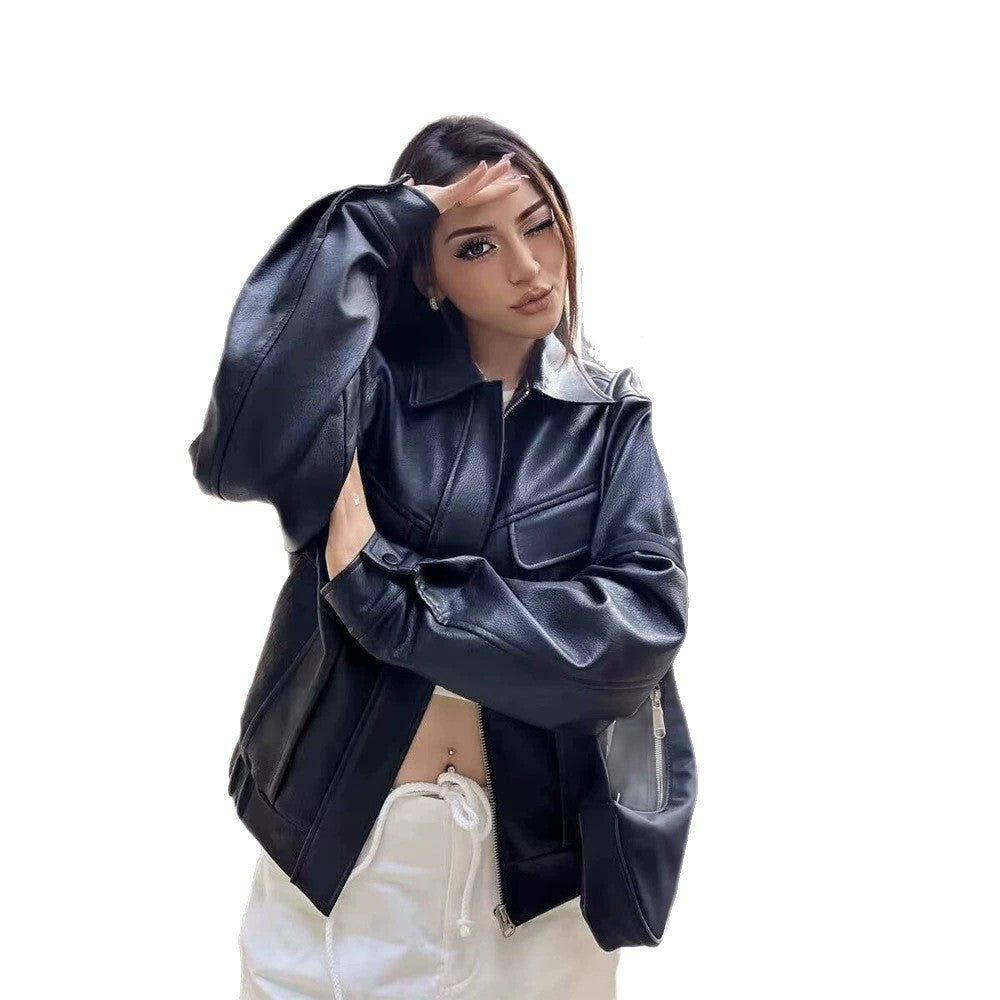 Damen Kurz geschnittene Kunstlederjacke im Boxy Cut mit voluminösen Ballonärmeln Nord Taschen