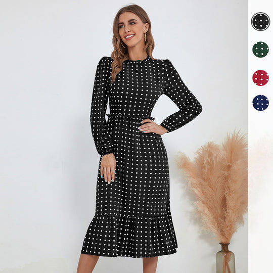 Damen Midikleid im Retro-Polka-Dot-Stil mit Stehkragen, taillierter Raffung und Volant Nord Taschen