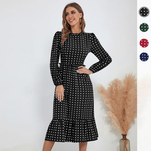 Damen Midikleid im Retro-Polka-Dot-Stil mit Stehkragen, taillierter Raffung und Volant Nord Taschen