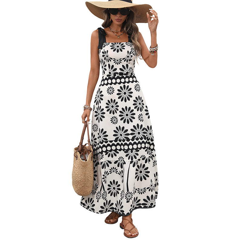 Damen Langes Maxikleid mit geblümtem Print, verstellbaren Schleifen-Trägern und taillierter Stufenrock‑Silhouette Nord Taschen
