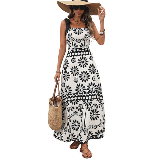 Damen Langes Maxikleid mit geblümtem Print, verstellbaren Schleifen-Trägern und taillierter Stufenrock‑Silhouette Nord Taschen