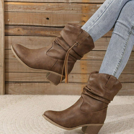 Damen nan kniehohe Fransen-Cowboystiefel mit feiner Perlenfransen-Verzierung und geformtem Blockabsatz Nord Taschen