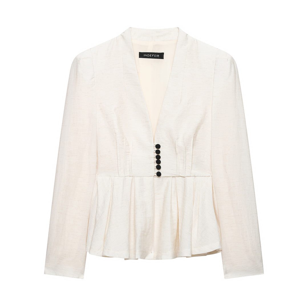 Damen Taillierte Blazerjacke mit tiefem V-Ausschnitt, Plissée‑Peplum und dekorischer Knopfleiste Nord Taschen