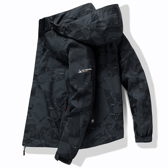 Herren Technische wasserdichte Kapuzenjacke mit grafischem Camouflage‑Print, Reißverschlusstaschen und verstellbarem Saum Nord Taschen