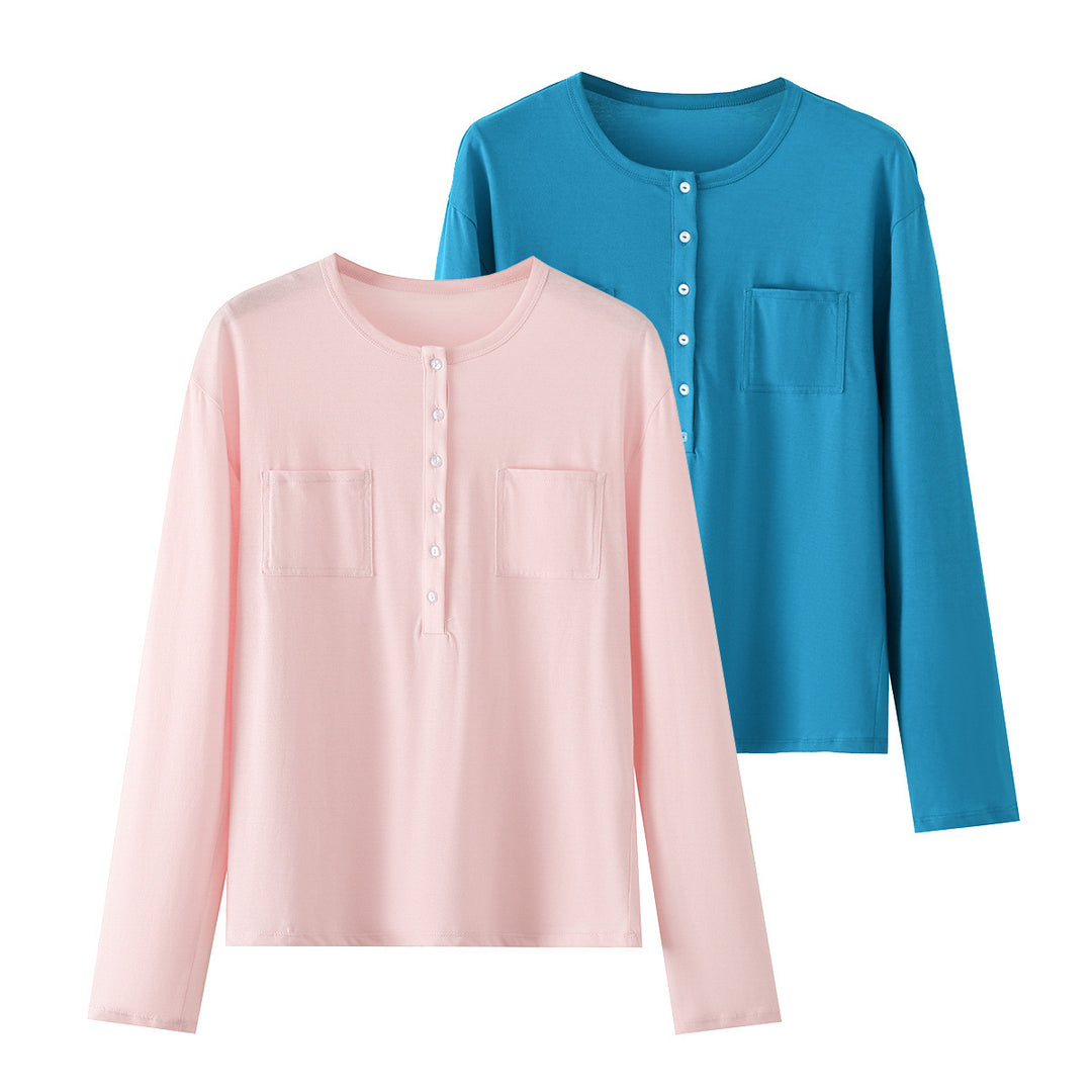 Damen Langarm-Henleyshirt mit Knopfleiste und aufgesetzten Brusttaschen Nord Taschen