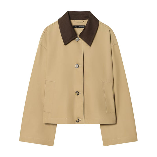 Damen Kurze Oversize-Harringtonjacke mit Kontrastkragen und aufgesetzten Taschen Nord Taschen