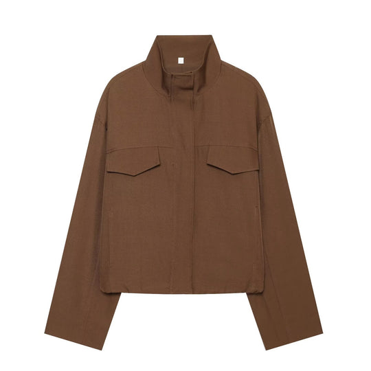 Damen Boxy Cropped Utility-Jacke mit hohem Stehkragen und Pattentaschen Nord Taschen