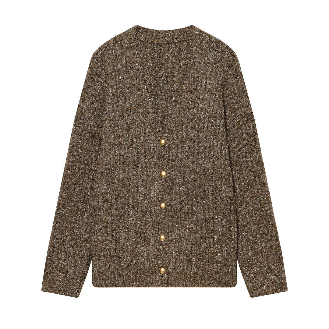 Damen Grobgestrickte Cardiganjacke mit V-Ausschnitt und goldenen Zierknöpfen Nord Taschen