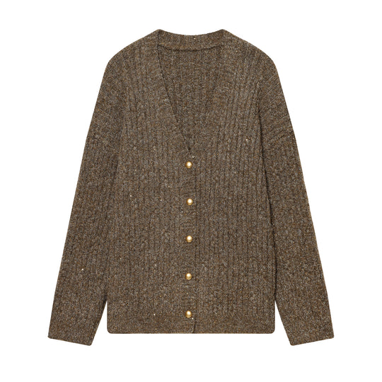 Damen Grobgestrickte Cardiganjacke mit V-Ausschnitt und goldenen Zierknöpfen Nord Taschen