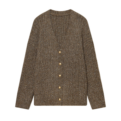 Damen Grobgestrickte Cardiganjacke mit V-Ausschnitt und goldenen Zierknöpfen Nord Taschen