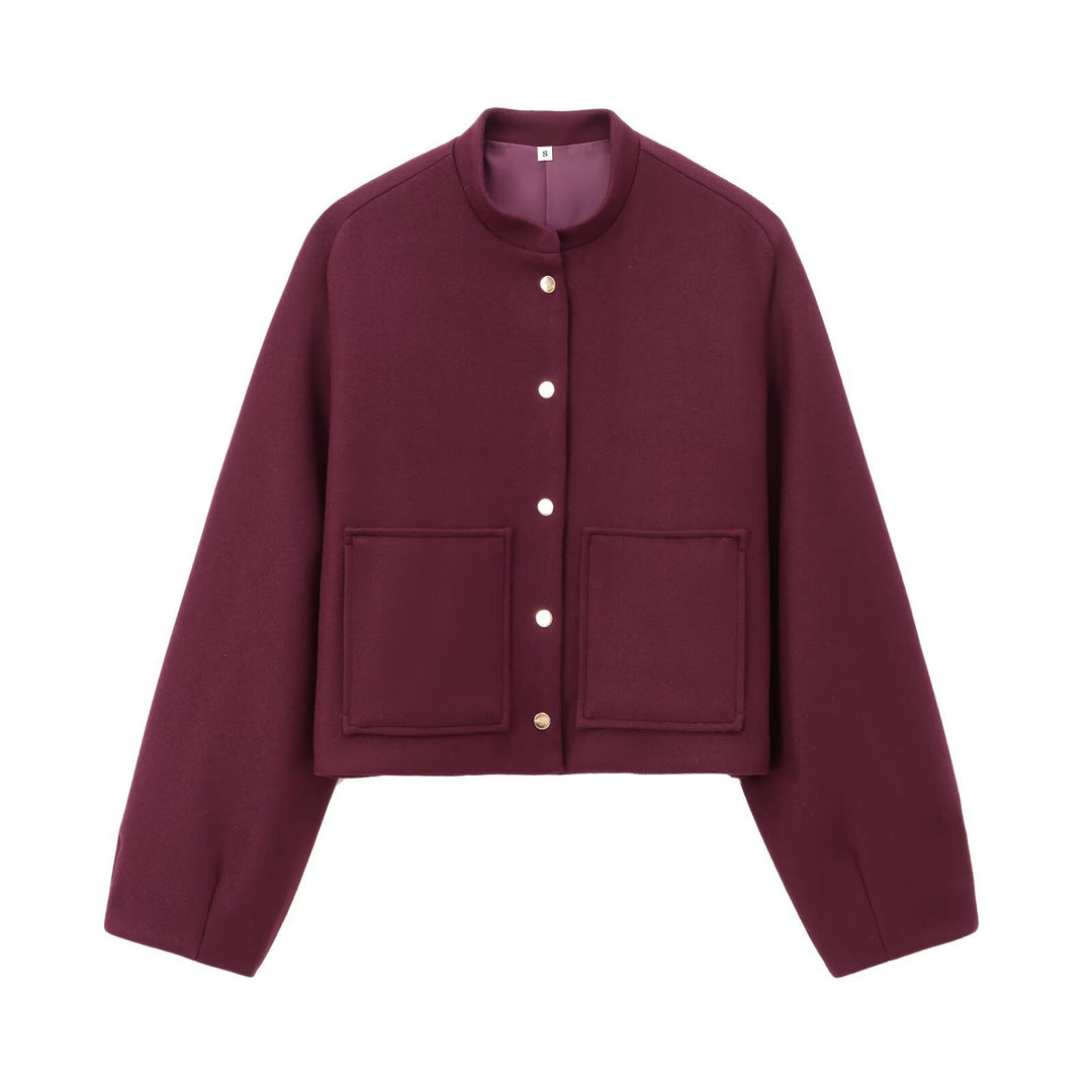 Damen Cropped Wollmix‑Jacke im Boxy‑Schnitt mit Stehkragen und aufgesetzten Taschen Nord Taschen
