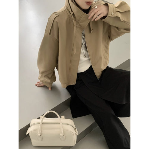 Damen Kurze Bomberjacke im Trench-Style mit hohem Stehkragen und Schulterpatten Nord Taschen