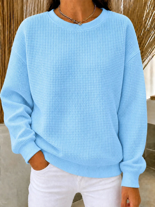Damen Lockeres Waffelstrick-Sweatshirt mit Rundhalsausschnitt und Rippbündchen Nord Taschen
