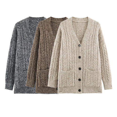 Damen Grobgestrickter Oversize-Cardigan mit Zopfstrick V-Ausschnitt und aufgesetzten Taschen Nord Taschen