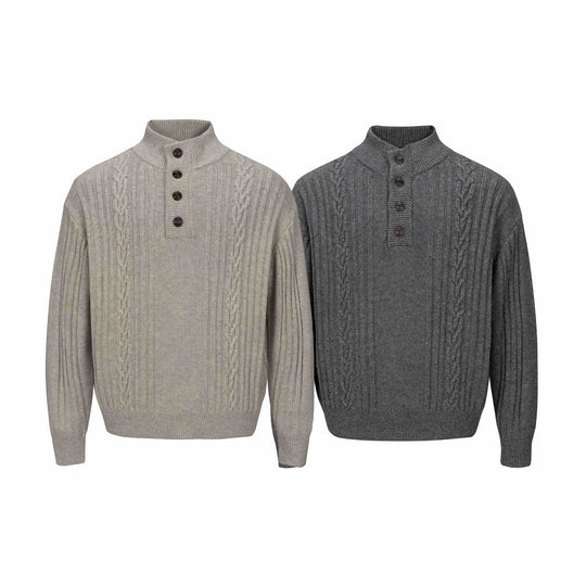Herren Grobstrukturierter Strickpullover mit Stehkragen und Knopfleiste Nord Taschen