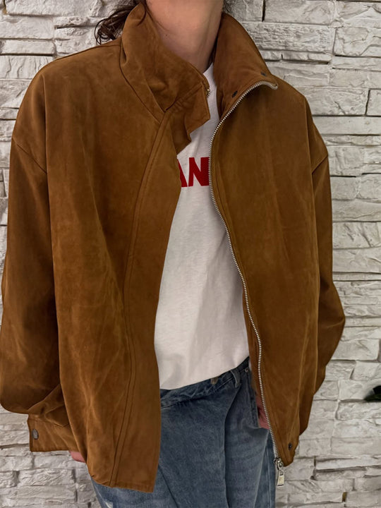 Damen Oversize Veloursleder-Blouson mit hohem Stehkragen und Metallreißverschluss Nord Taschen