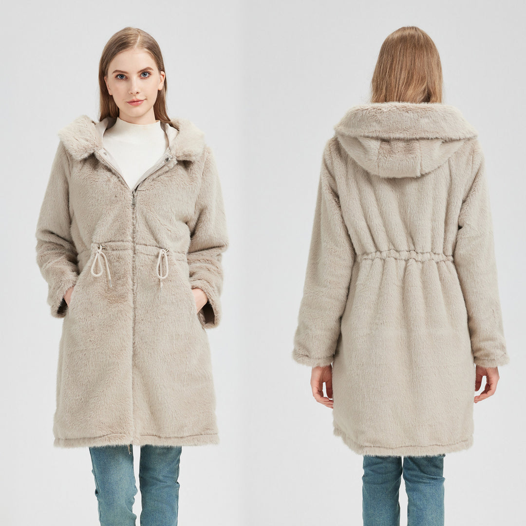 Damen nan taillierter langer Thermoparka mit Webpelzbesatz an Kapuze und Ärmeln sowie Kordeltaille Nord Taschen