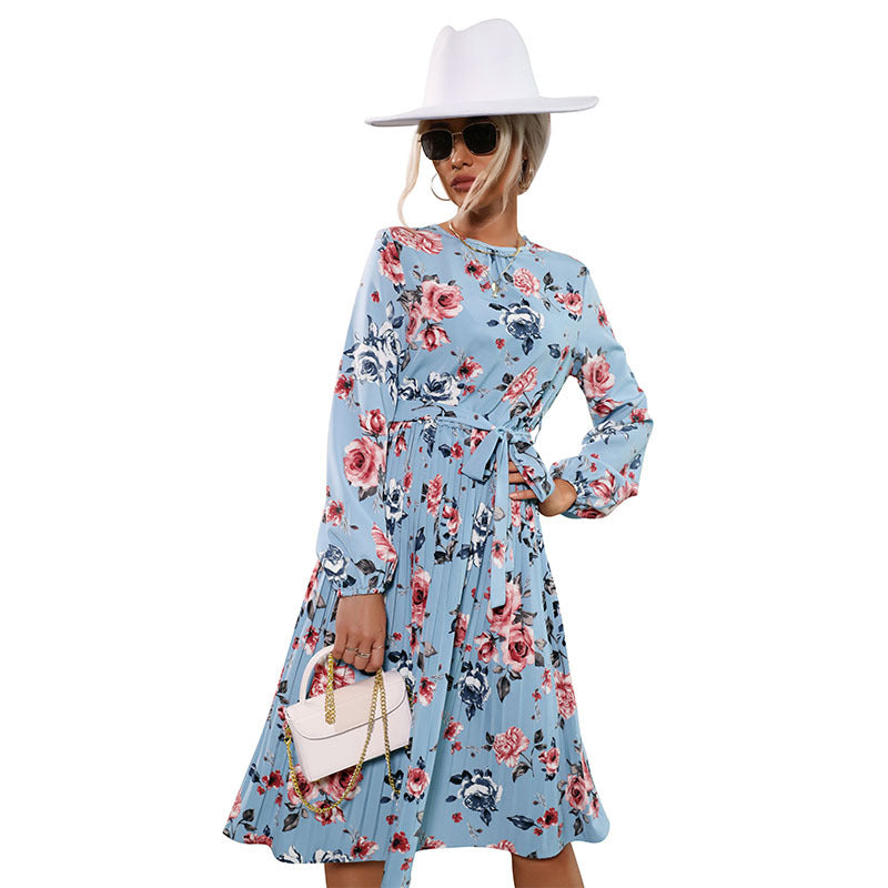 Damen Midikleid mit Blumenprint, plissiertem Rockteil und tailliertem Bindegürtel Nord Taschen