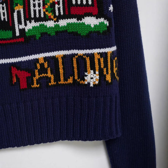 Damen Cropped-Weihnachtspullover mit Intarsia-Hausmotiv und Rundhalsausschnitt Nord Taschen