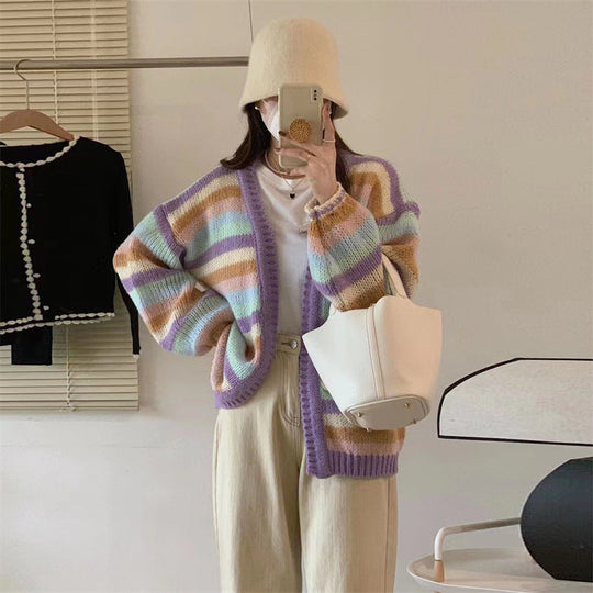 Damen Gemütlicher Strickcardigan mit buntem Streifenmuster und weitem Schnitt