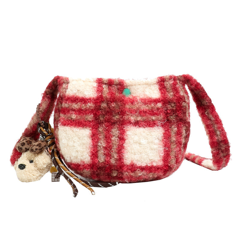 Damen Schultertasche aus weichem Textil mit süßem Tieranhänger Nord Taschen