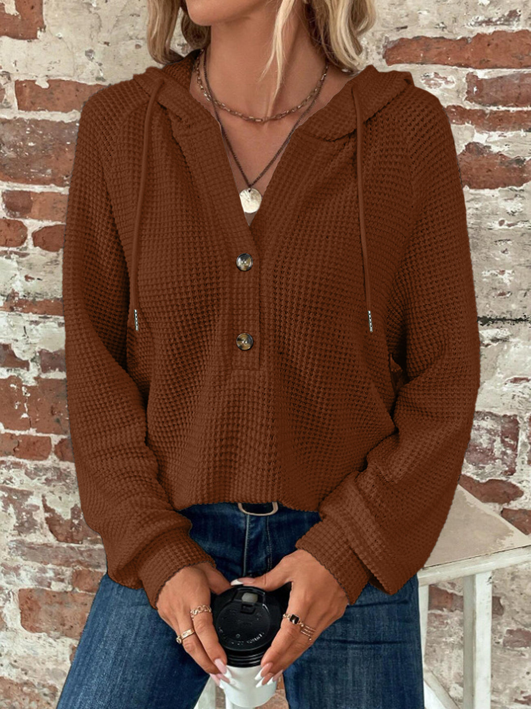 Damen Waffelstrick-Hoodie mit halber Knopfleiste und Kapuze Nord Taschen